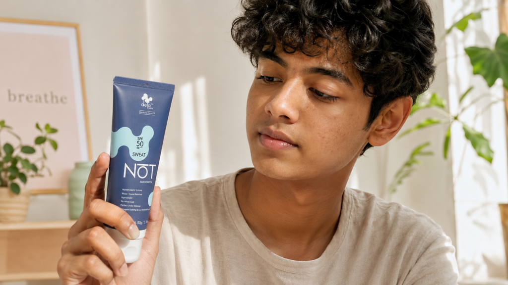 does sunscreen cause acne, sunscreen for acne prone skin, best sunscreen for oily skin India, non comedogenic sunscreen, sunscreen for acne prone skin India, mineral sunscreen for acne, sunscreen breakouts, sunscreen for oily acne prone skin, matte sunscreen for oily skin, SPF for acne prone skin, zinc oxide sunscreen acne, sunscreen post inflammatory hyperpigmentation, PIH sunscreen, sunscreen dark spots Indian skin, gel sunscreen for oily skin, sweat resistant sunscreen India, Deya Care, Sweat NOT sunscreen, SPF 50 PA+++ mineral sunscreen, sunscreen ingredients to avoid acne, double cleansing sunscreen, comedogenic ingredients sunscreen, sunscreen for humid weather India